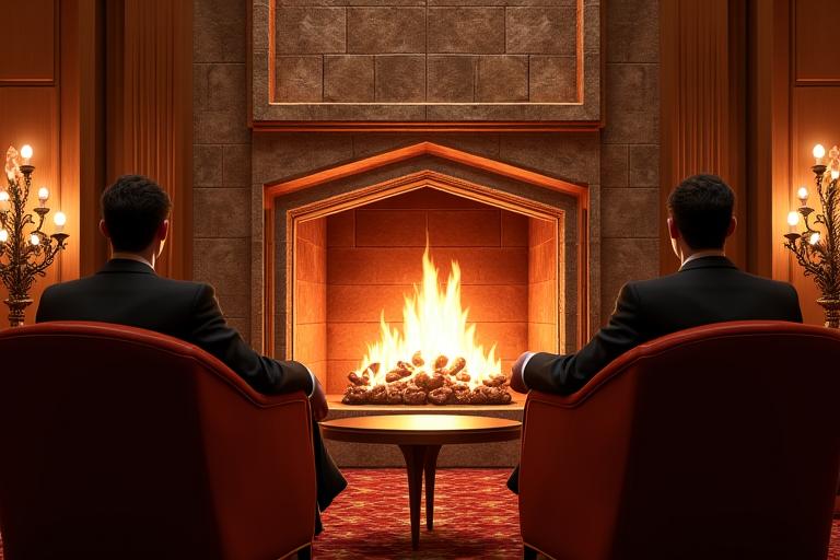 Gäste entspannen in gemütlichen Sesseln vor einem grossen Steinkamin in der Fireside Lounge.